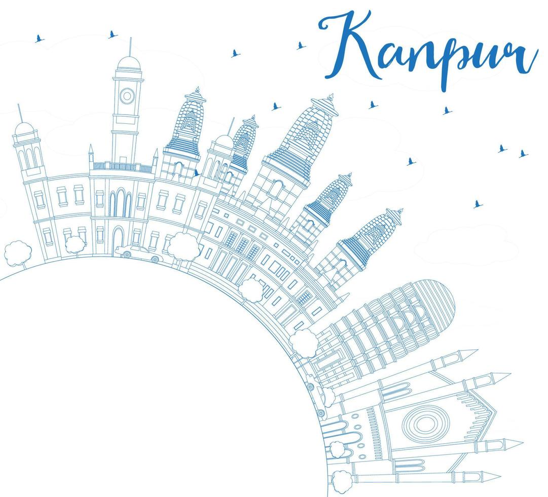 delineare lo skyline di Kanpur con edifici blu e spazio di copia. vettore