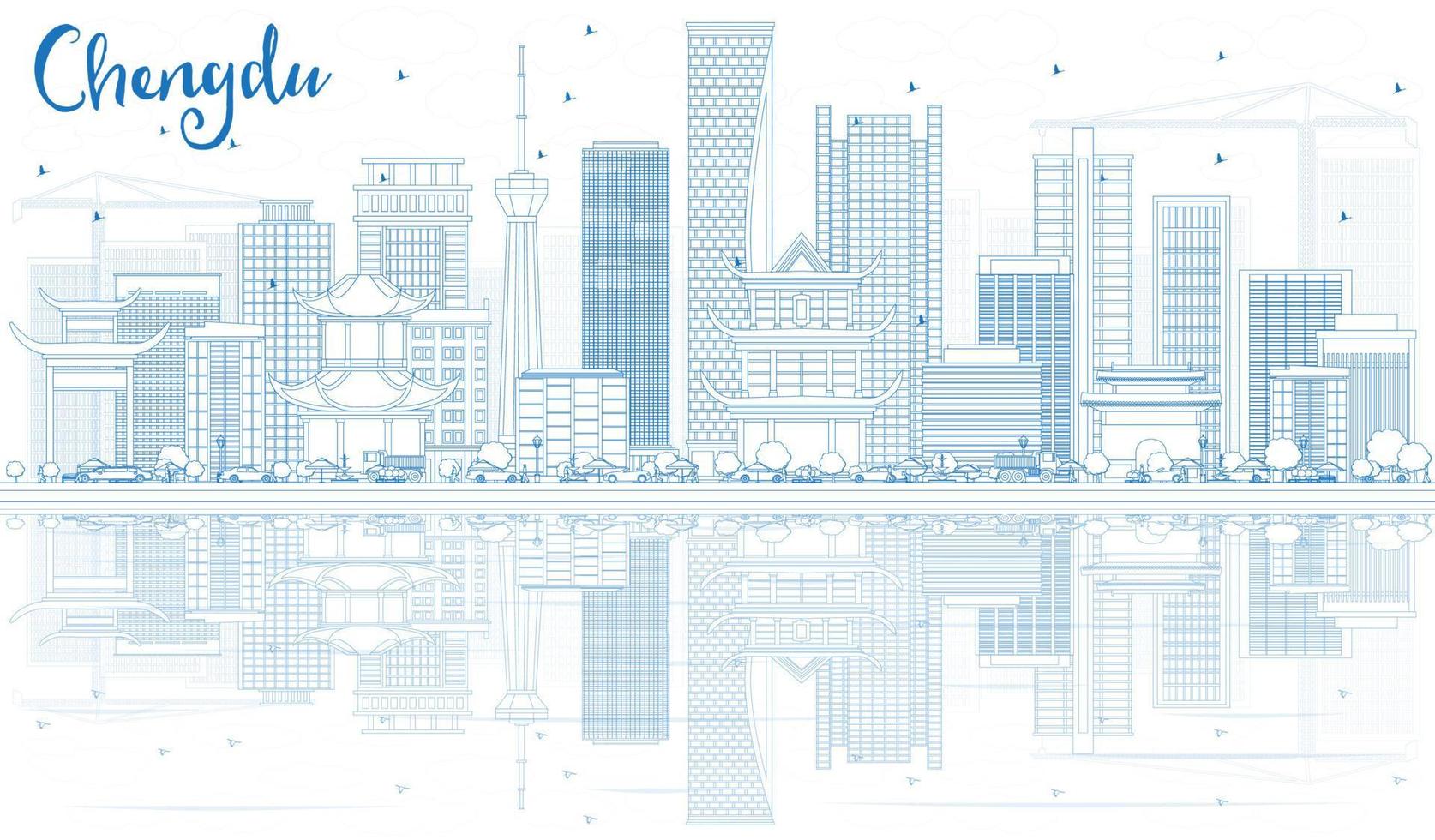 schema Chengdu orizzonte con blu edifici e riflessi. vettore