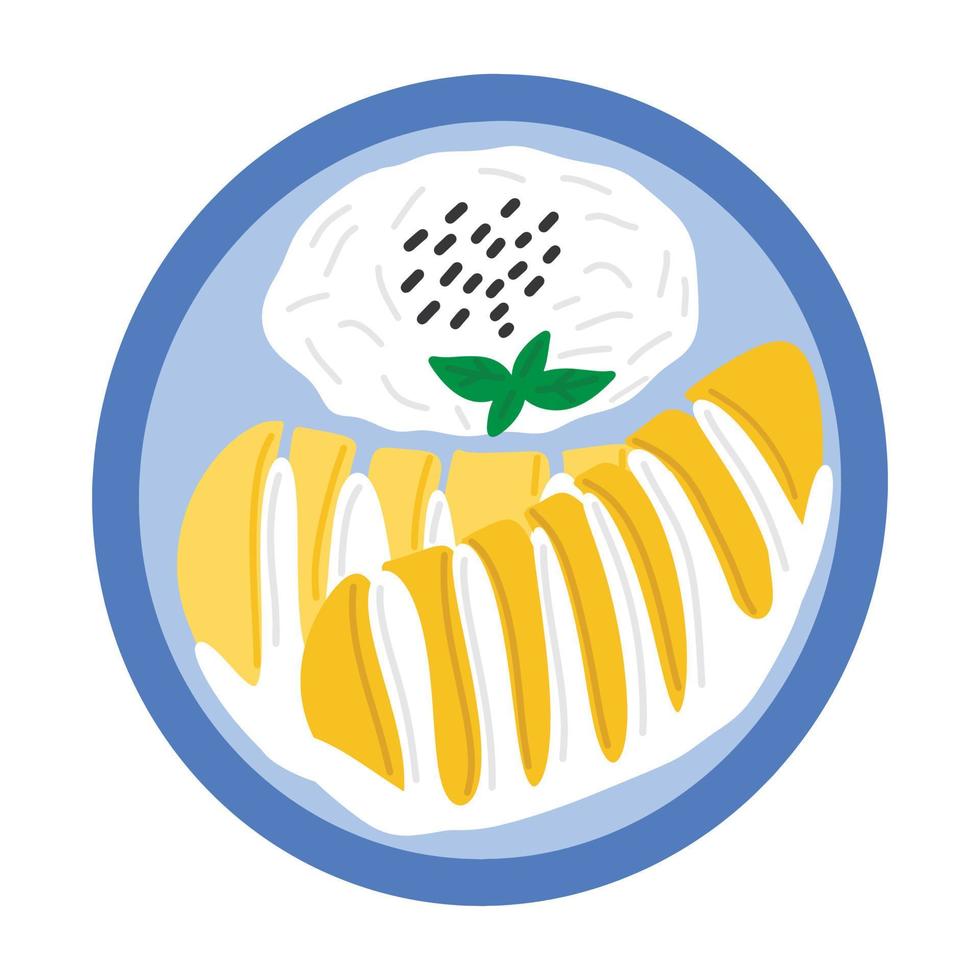 Mango appiccicoso riso - tradizionale asiatico dolce fatto con Mango, Riso, Noce di cocco latte. semplice mano disegnato piatto stile scarabocchio vettore illustrazione. tailandese cibo. cucina di filippine.