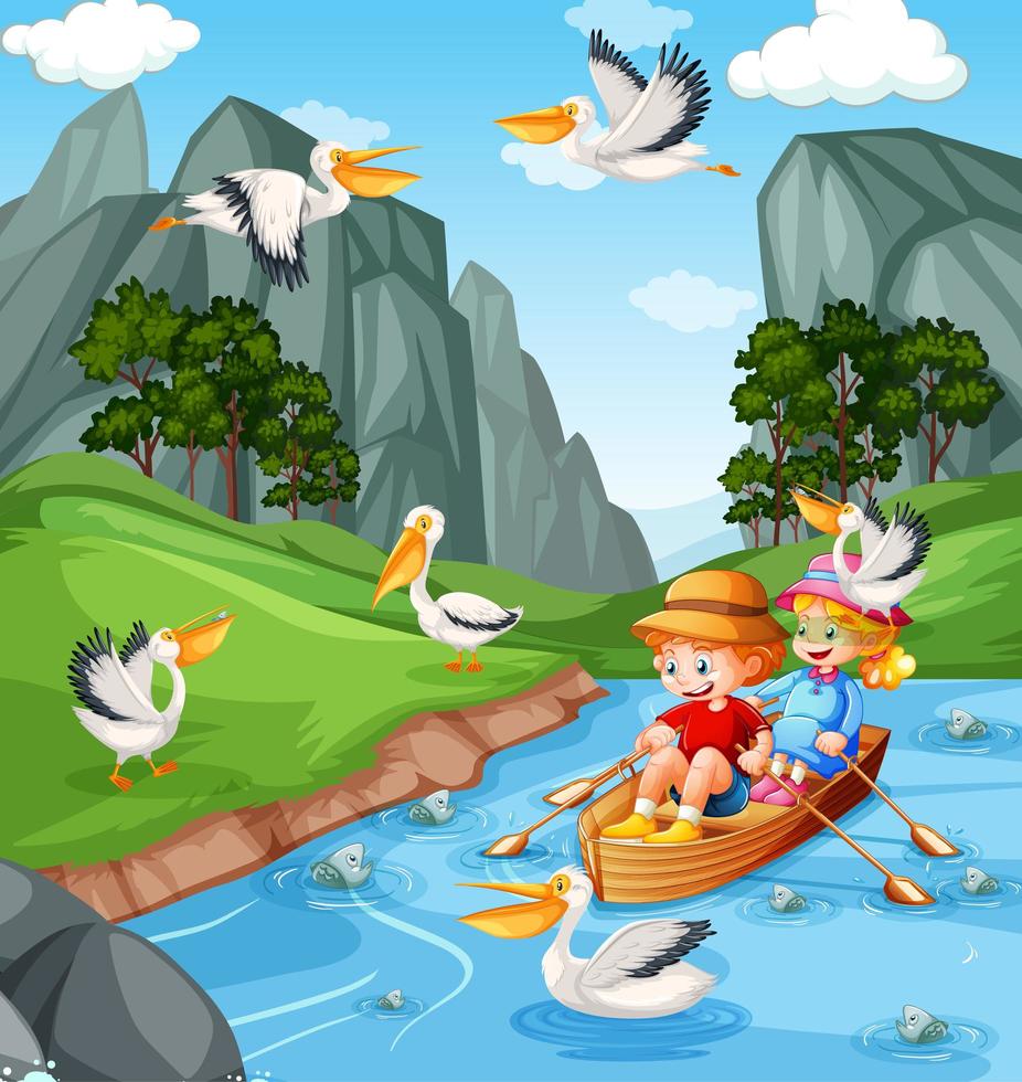 i bambini remano sulla barca nella scena della foresta del ruscello vettore