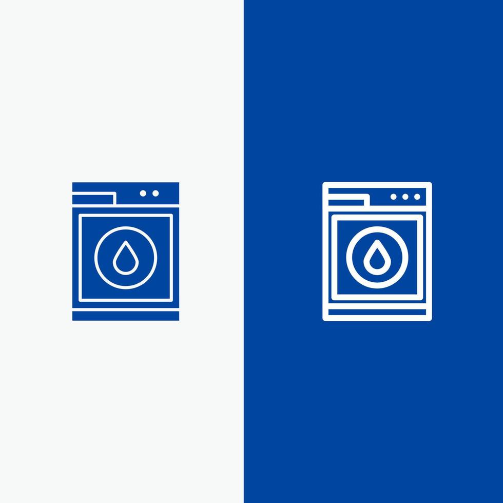 lavanderia macchina lavaggio robot linea e glifo solido icona blu bandiera vettore