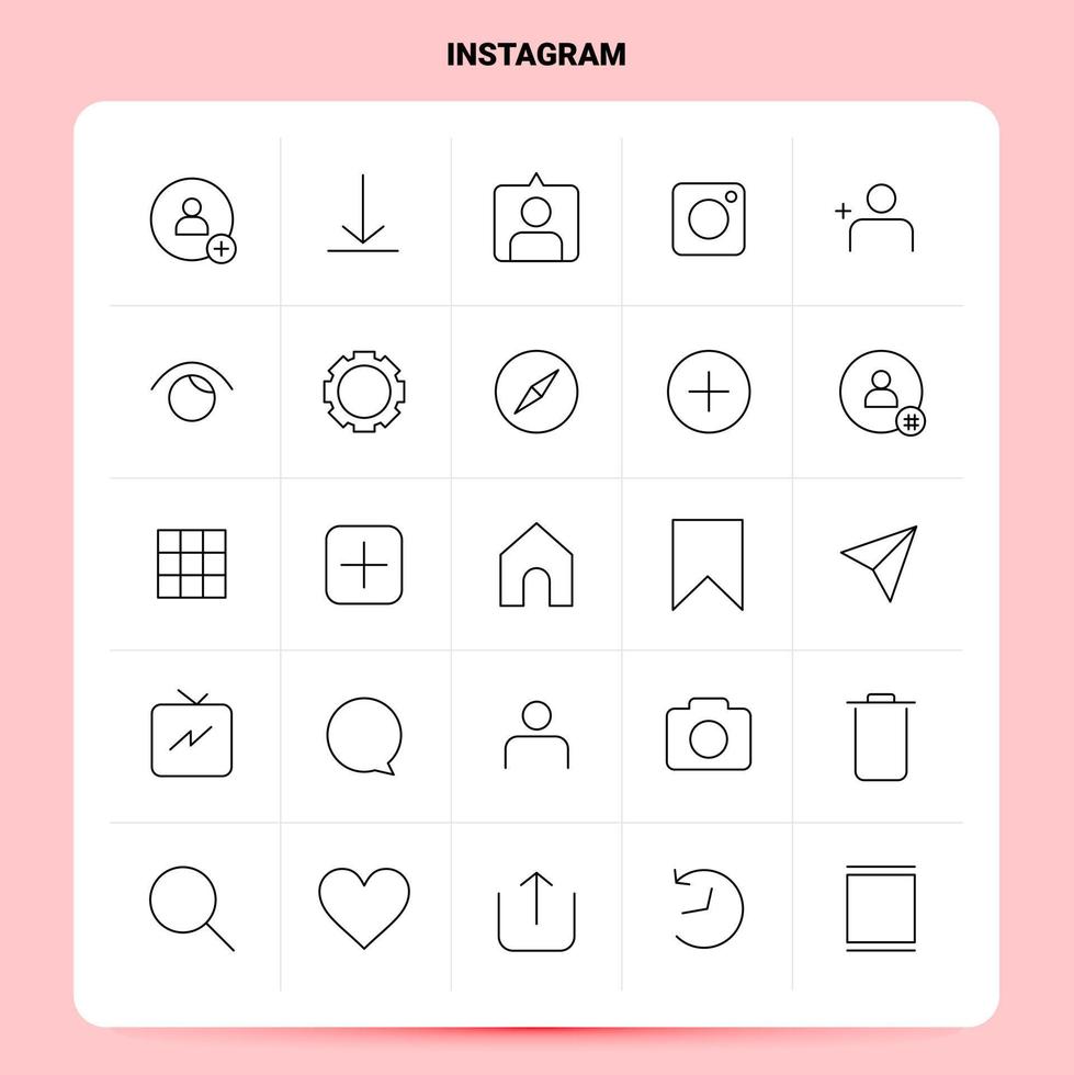 schema 25 instagram icona impostare. vettore linea stile design nero icone impostare. lineare pittogramma pacchetto. ragnatela e mobile attività commerciale idee design vettore illustrazione.