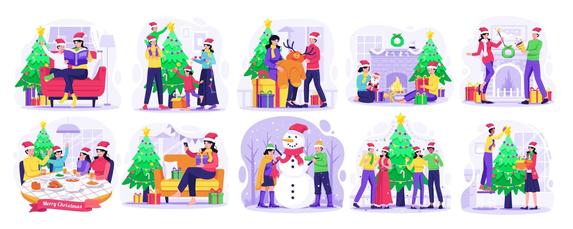 impostato di allegro Natale e contento nuovo anno concetto illustrazione con persone celebrare Natale inverno vacanza festa. vettore illustrazione nel piatto stile