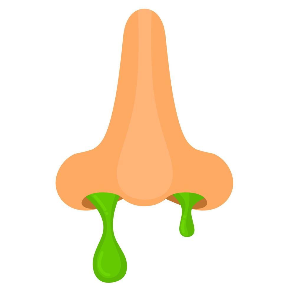 vettore illustrazione di un' naso con fluente verde moccolo su un' bianca sfondo. influenza Salute disturbo concetto, starnuti e virus attacco.
