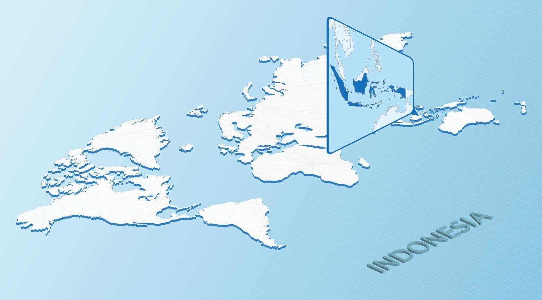 mondo carta geografica nel isometrico stile con dettagliato carta geografica di Indonesia. leggero blu Indonesia carta geografica con astratto mondo carta geografica. vettore
