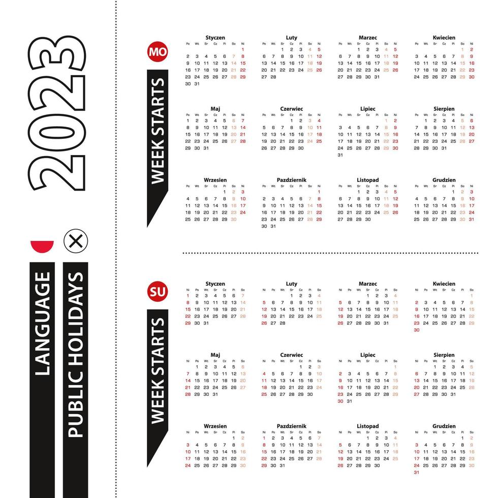 Due versioni di 2023 calendario nel polacco, settimana inizia a partire dal Lunedi e settimana inizia a partire dal domenica. vettore