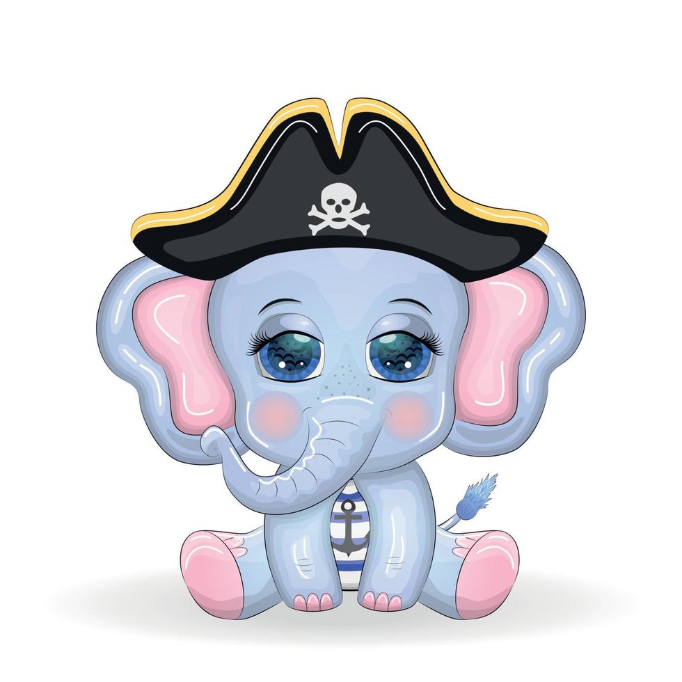 elefante pirata, cartone animato personaggio di il gioco, selvaggio animale nel un' bandana e un' armato cappello con un' cranio, con un occhio toppa. personaggio con luminosa occhi vettore