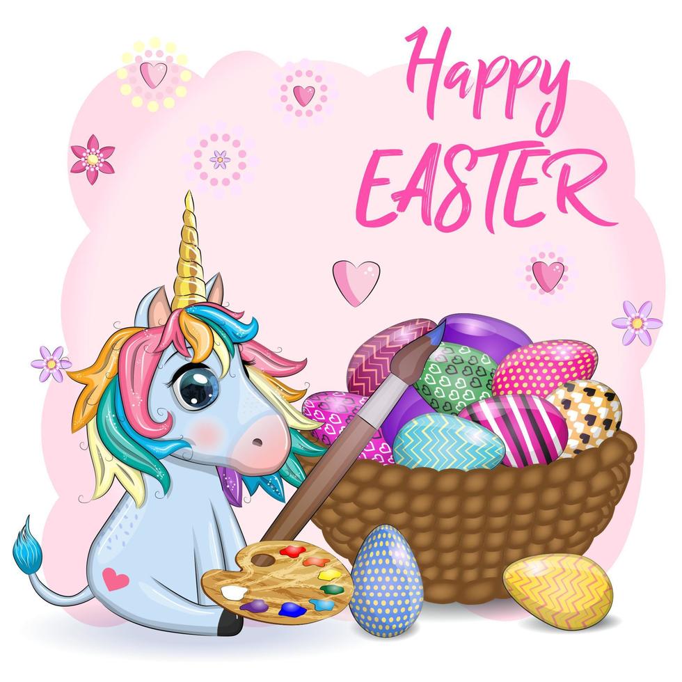 Pasqua unicorno cartone animato personaggio con Pasqua uovo, cartolina. vettore