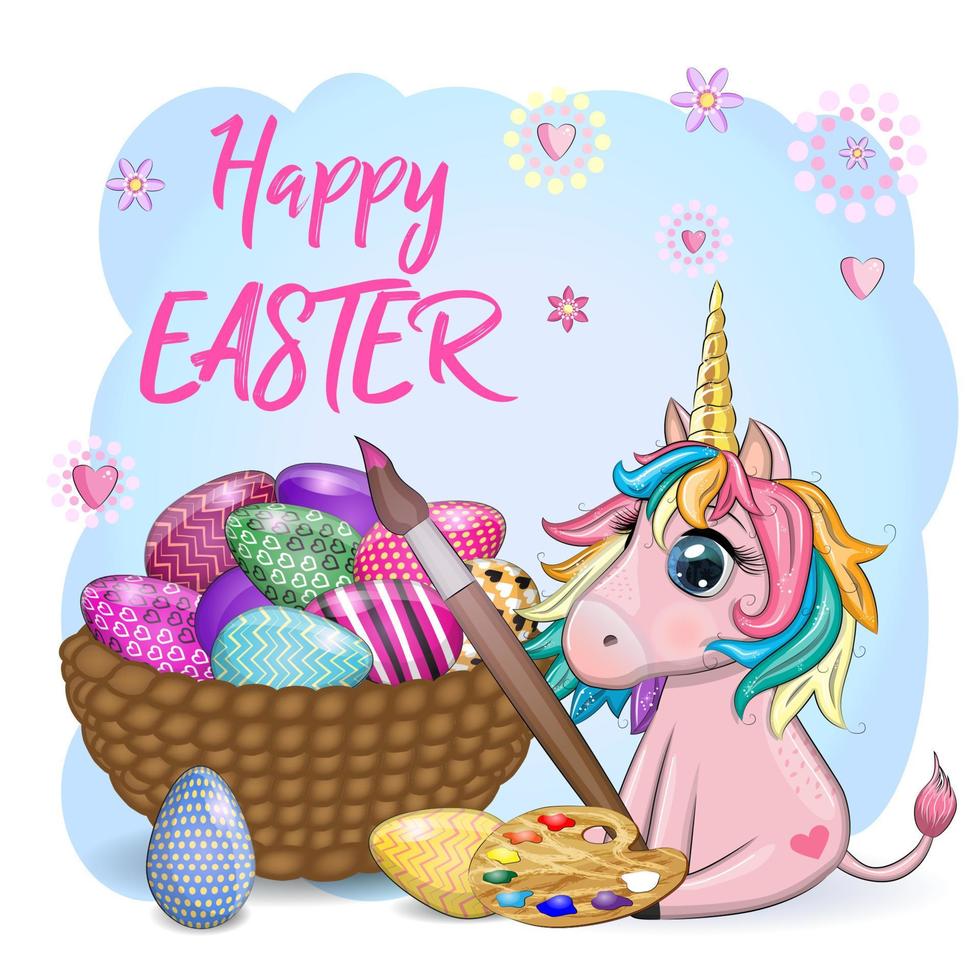 Pasqua unicorno cartone animato personaggio con Pasqua uovo, cartolina. vettore