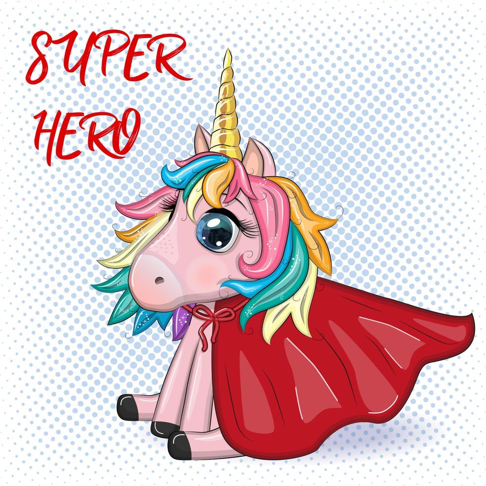 carino unicorno personaggio con mantello come super eroe. cartone animato design illustrazione isolato vettore