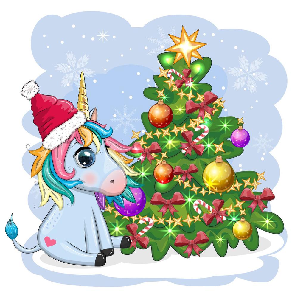 carino cartone animato unicorno nel Santa cappello vicino Natale albero con i regali, palle. nuovo anno e Natale saluto carta. vettore