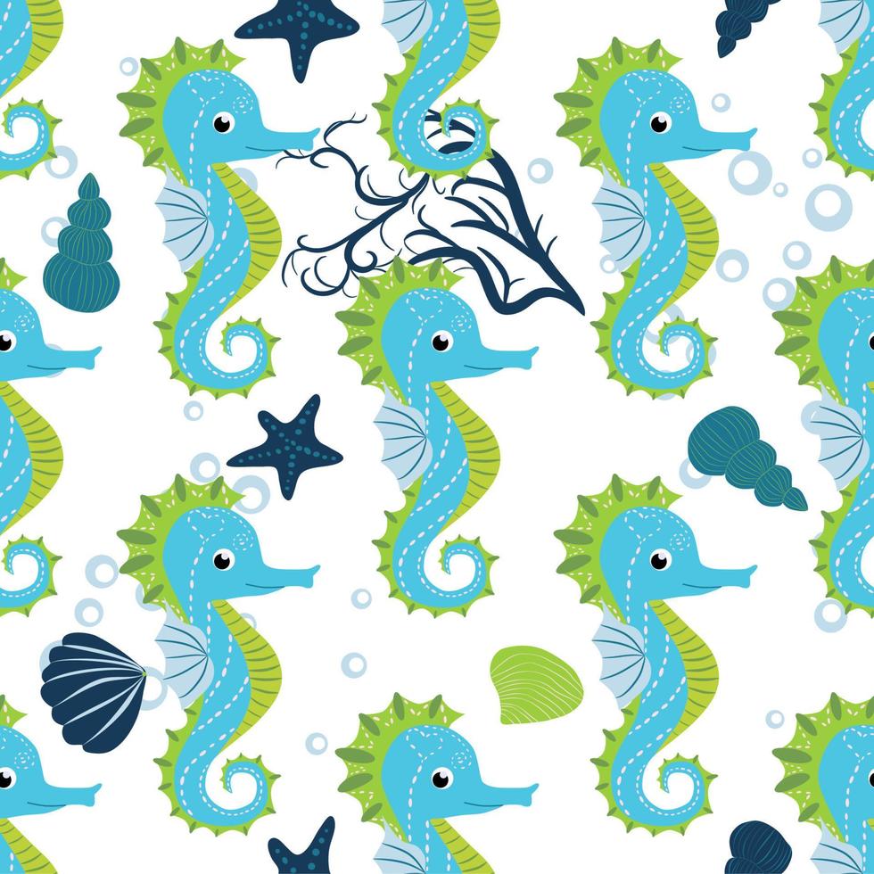 carino cavallucci marini cartone animato senza soluzione di continuità modello. mano disegnato oceano animali. nautico spiaggia, mare vita divertimento subacqueo vettore