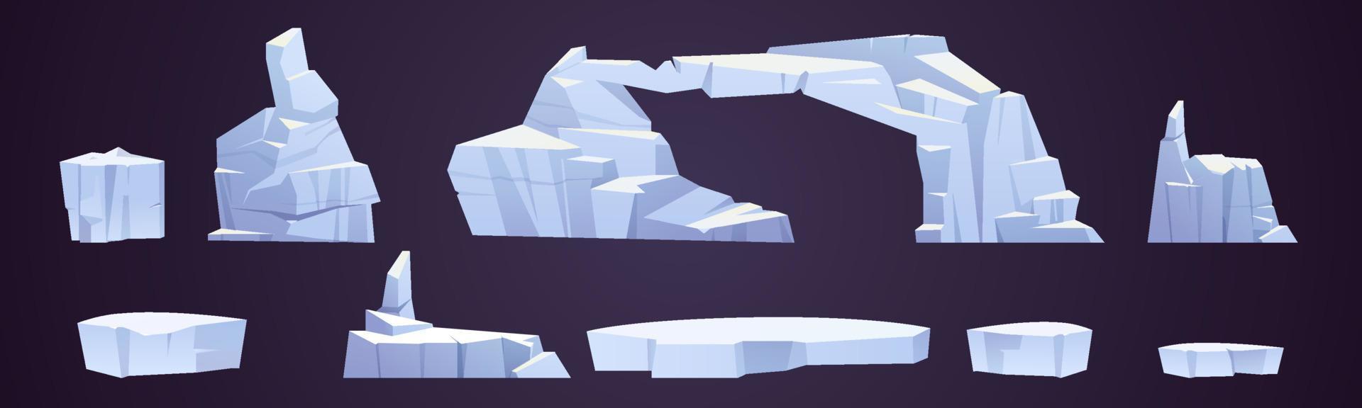 cartone animato ghiaccio banchi, congelato iceberg pezzi, ghiacciai vettore