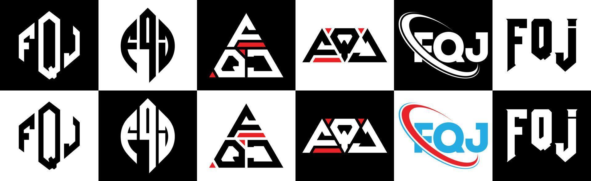 fqj lettera logo design nel sei stile. fqj poligono, cerchio, triangolo, esagono, piatto e semplice stile con nero e bianca colore variazione lettera logo impostato nel uno tavola da disegno. fqj minimalista e classico logo vettore