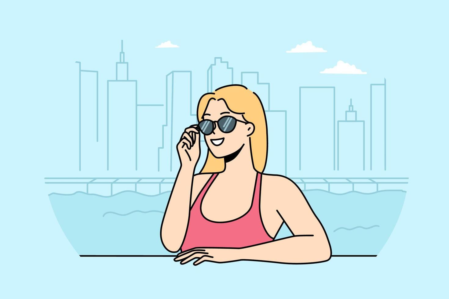 sorridente giovane donna nel occhiali da sole rilassare nel nuoto piscina. contento femmina riposo godere estate vacanze nel città piscina. vettore illustrazione.