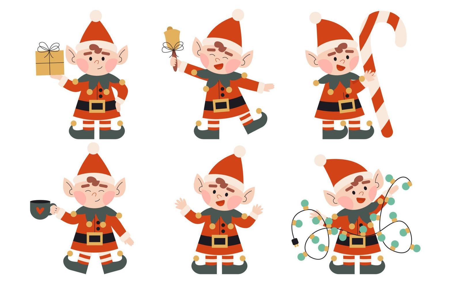 impostato di Natale elfi. poco Babbo Natale aiutanti con vacanza i regali, suono natale campana, luci, caramella, tazza. nano poco fantasia aiutante. elfo per festa inviti o saluto carte. vettore