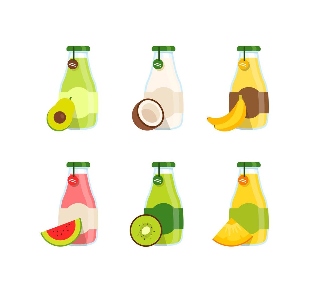 succo e frullato, kiwi, Banana, avocado, Noce di cocco e anguria bevande nel bicchiere bottiglie vettore