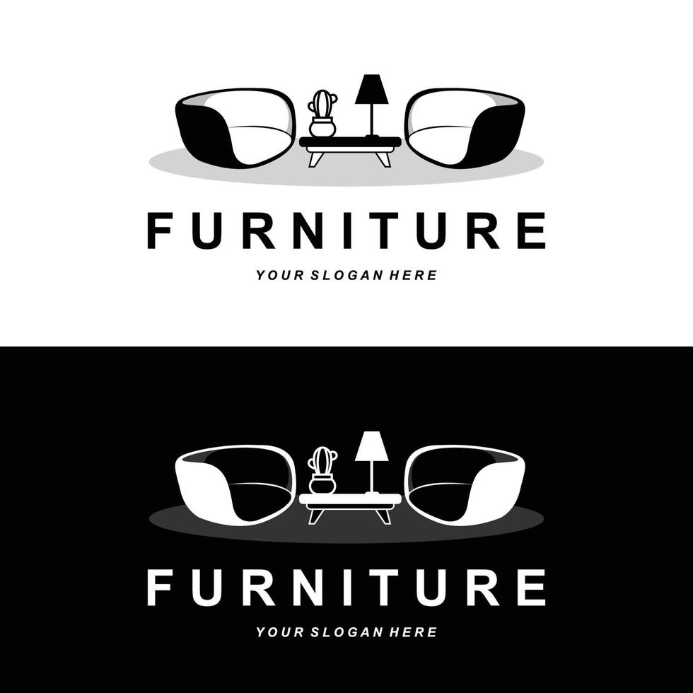 logo del mobile, design dell'arredamento per la casa, illustrazione dell'icona della stanza, tavolo, sedia, lampada, cornice, orologio, vaso di fiori vettore