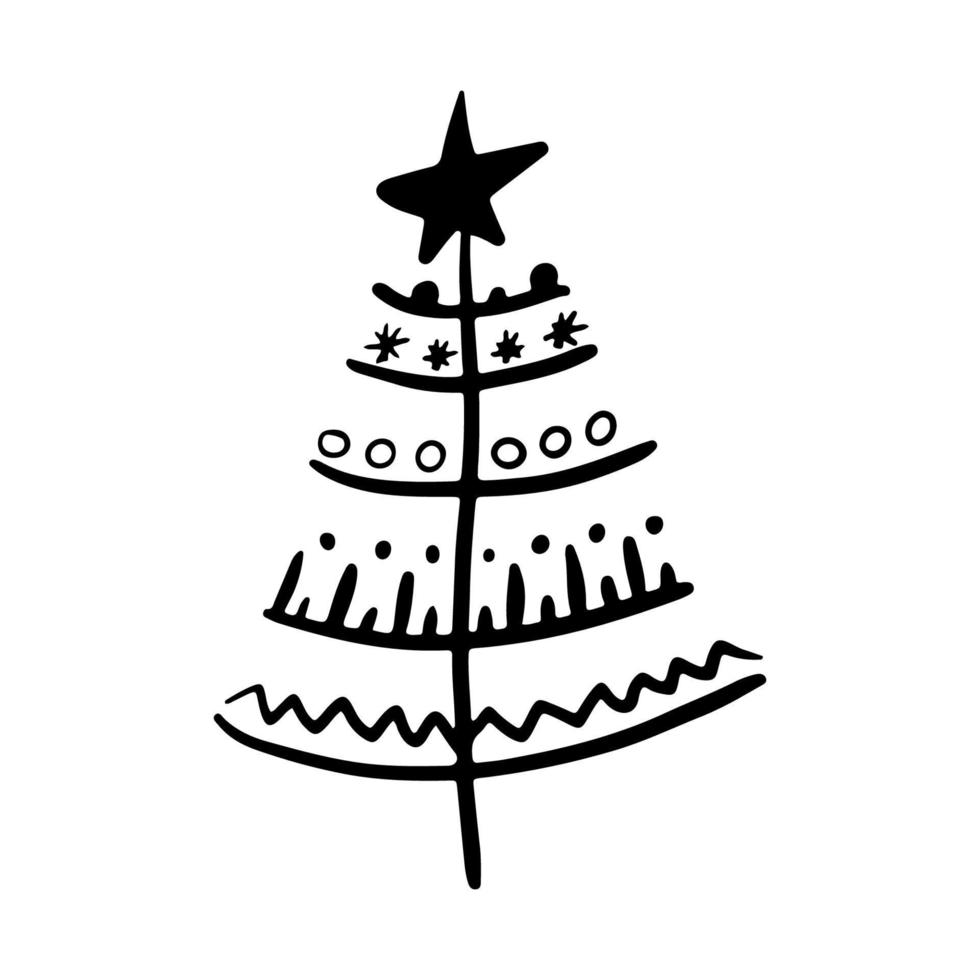 Natale albero nel scarabocchio stile. mano disegnato schizzo di un' Natale albero. vettore illustrazione. isolato su un' bianca sfondo. illustrazione per grafica, sito web, logo, icone, cartoline