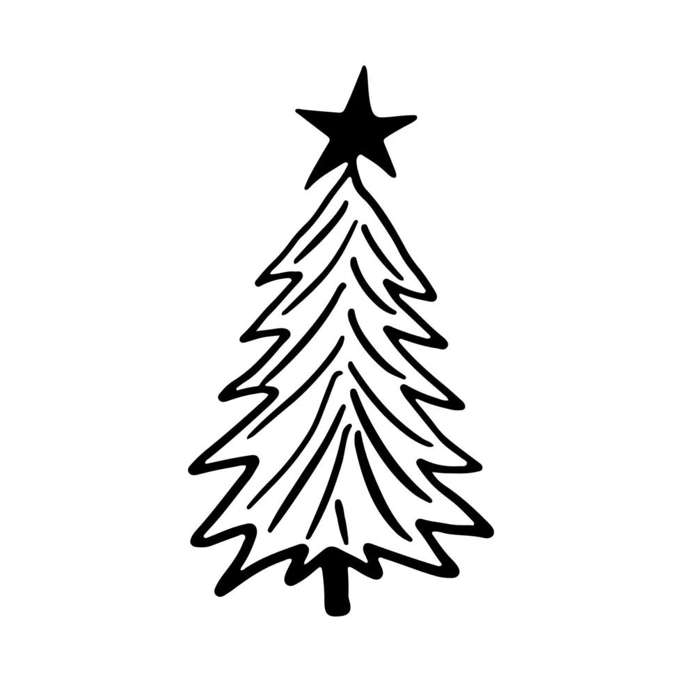 Natale albero nel scarabocchio stile. contento nuovo anno. mano disegnato schizzo di un' Natale albero. vettore illustrazione. isolato su un' bianca sfondo. illustrazione per grafica, sito web, logo, icone, cartoline