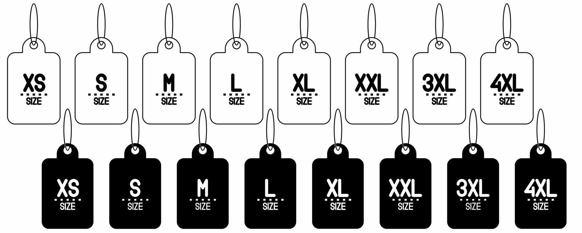 capi di abbigliamento dimensione etichette linea icona impostato isolato su bianca sfondo.s, m, io, xl, xxl 3xl 4xl etichette vettore