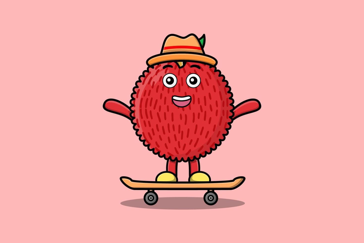 carino cartone animato lychee in piedi su skateboard vettore