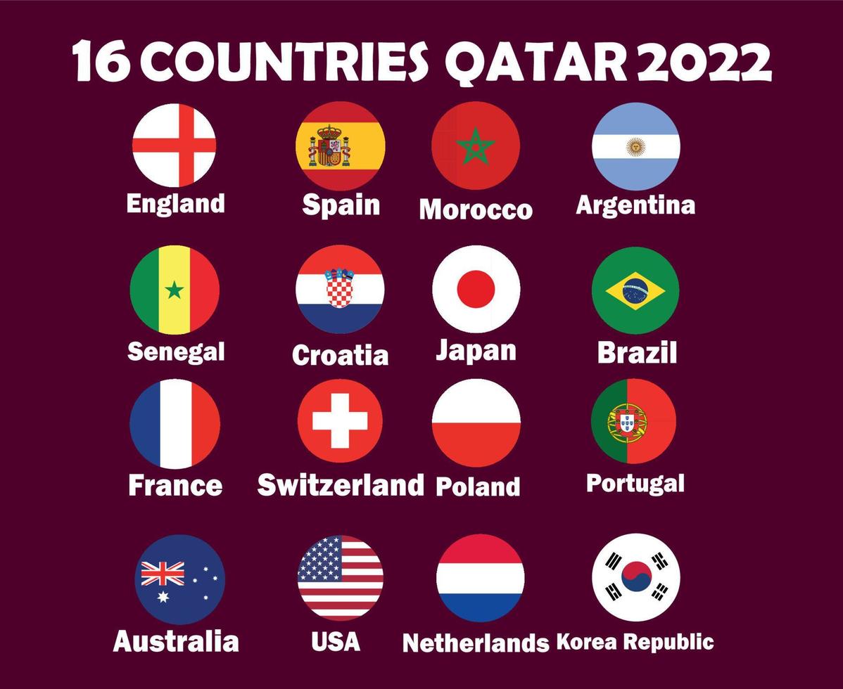 16 paesi bandiera emblema con nomi simbolo design calcio finale vettore paesi calcio squadre illustrazione