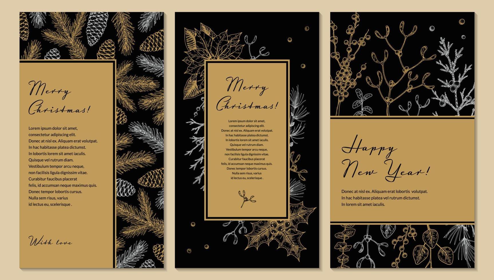 impostato di allegro Natale e contento nuovo anno verticale saluto carte con mano disegnato d'oro botanica elementi. vettore illustrazione nel schizzo stile. festivo sfondi. sociale media storie modelli
