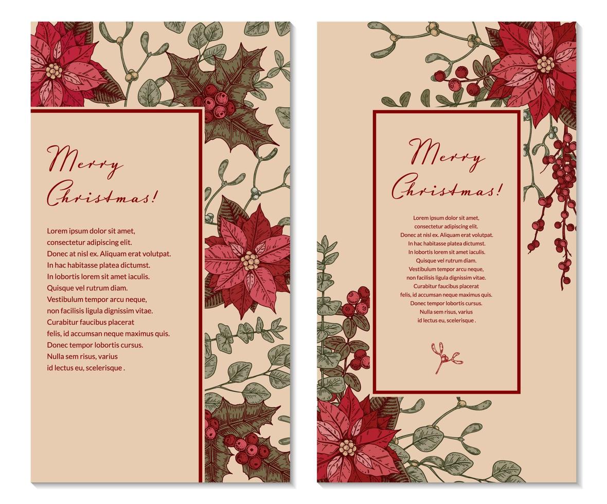 impostato di allegro Natale e contento nuovo anno verticale Due lato saluto carte con mano disegnato poinsettia fiori e vischio brunch. festivo colorato sfondo. vettore illustrazione nel schizzo stile