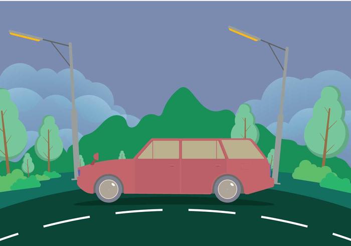 Vecchia station wagon con illustrazione di montagne vettore