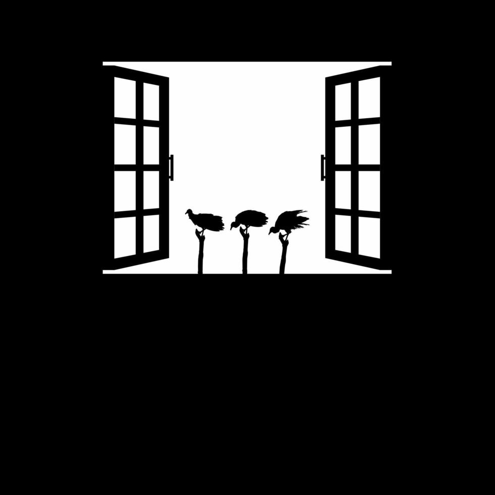 gregge di il nero avvoltoio uccello su il finestra silhouette. raccapricciante, orrore, allarmante, mistero, o crimine illustrazione. illustrazione per orrore film o Halloween manifesto design elemento. vettore illustrazione
