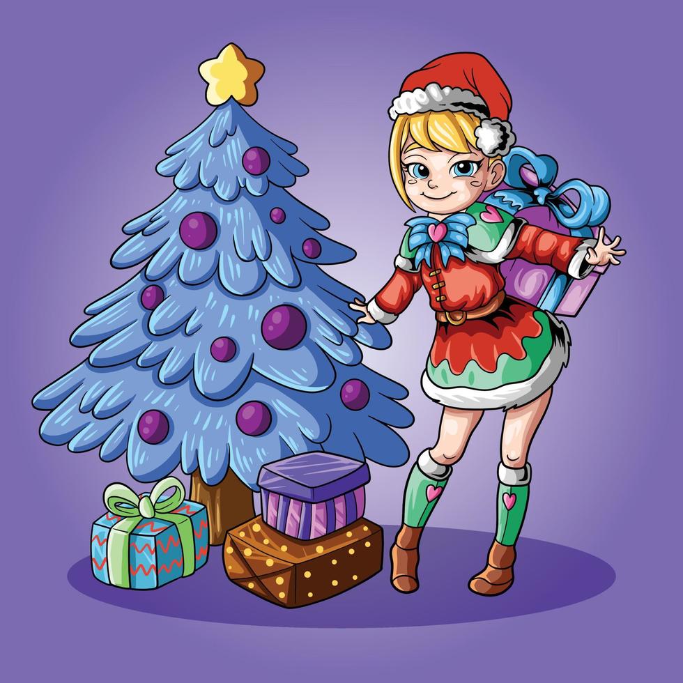 carino Santa ragazza con Natale albero vettore