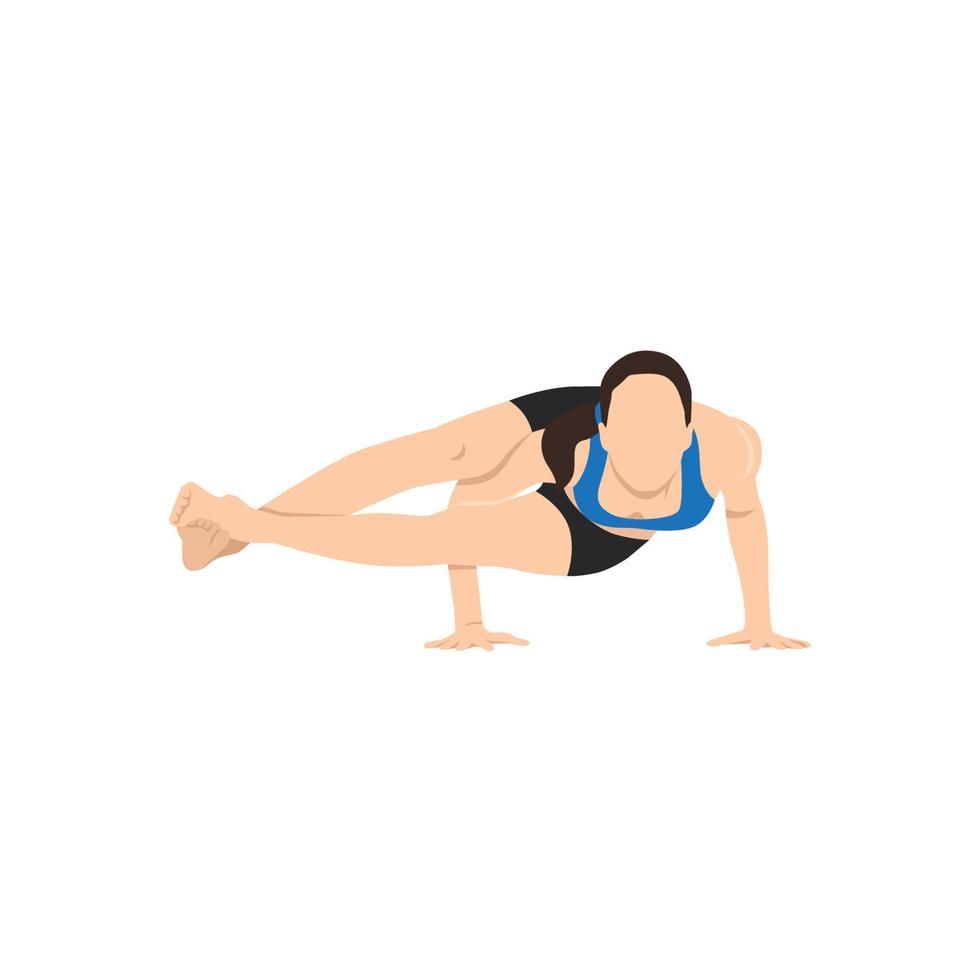 donna che pratica yoga, facendo astavakrasana del braccio, posizione asimmetrica dell'equilibrio del braccio a otto angoli. illustrazione vettoriale piatta isolata su sfondo bianco