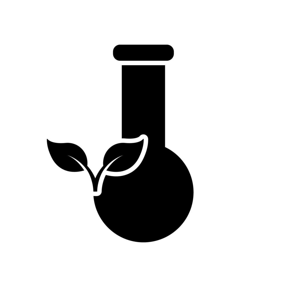 test tubo per biologia pianta ricerca sperimentare nel laboratorio silhouette icona. borraccia con foglia attrezzatura per chimico scienza pittogramma. biologico scientifico laboratorio cartello. isolato vettore illustrazione.