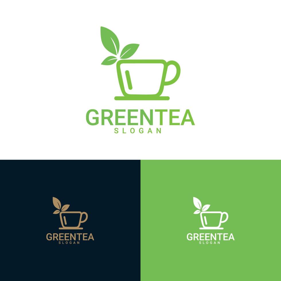 modello di logo del tè. logo per negozio di tè verde biologico per uno stile di vita sano. tazza di tè verde biologico e foglie verdi fresche vettore