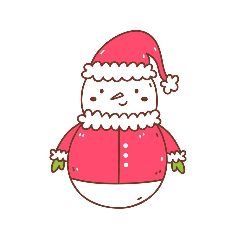 carino pupazzo di neve nel un' Natale costume isolato su bianca sfondo. vettore disegnato a mano illustrazione nel scarabocchio stile. kawaii carattere. Perfetto per carte, decorazioni, logo e vacanza disegni.