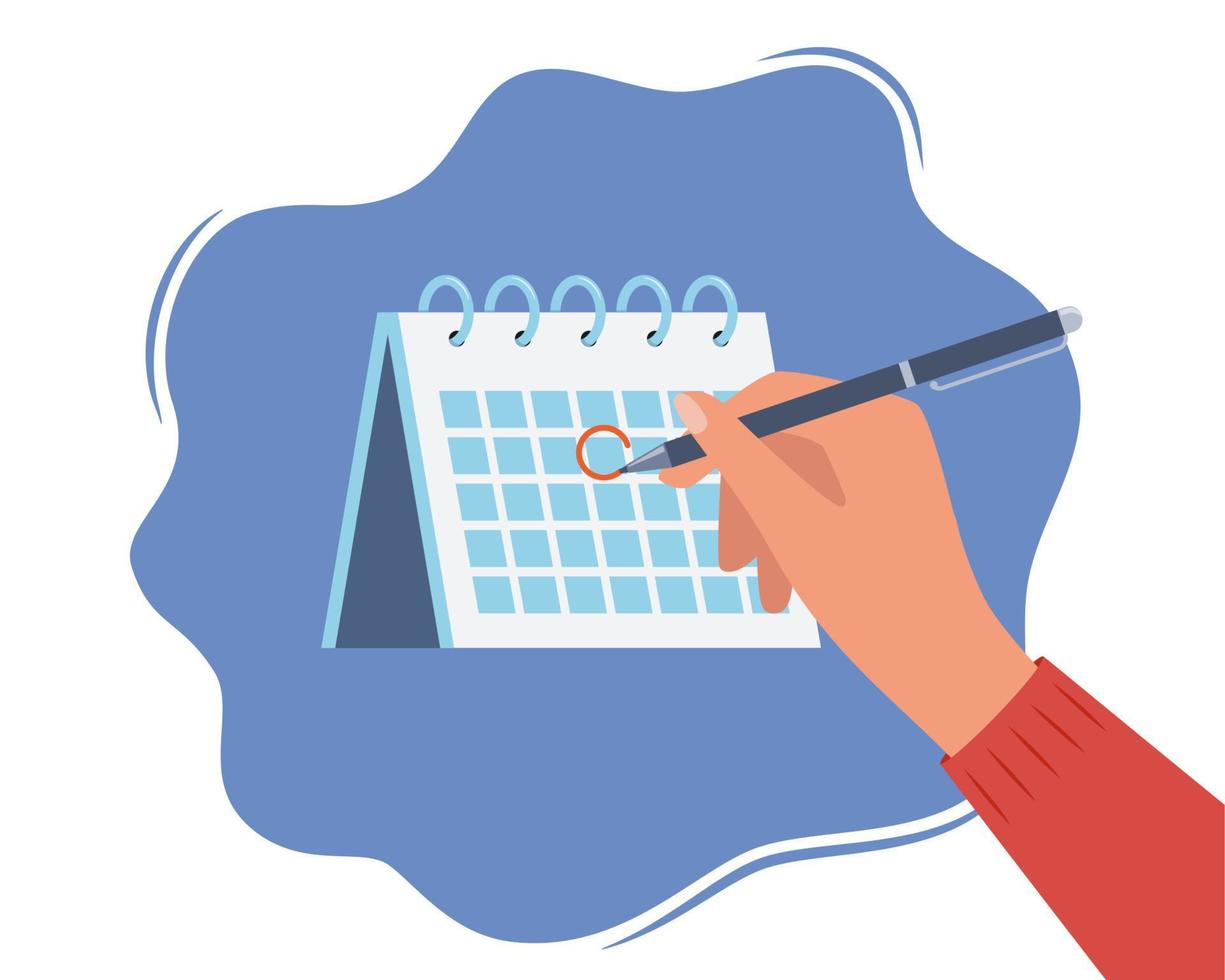 mano con penna e calendario. persona disegna rosso marchio in giro un' Data nel il calendario. del desktop calendario con un' segnato Data. marchio calendario. Data cerchiato. Scadenza, evento, importante Data. vettore illustrazione.