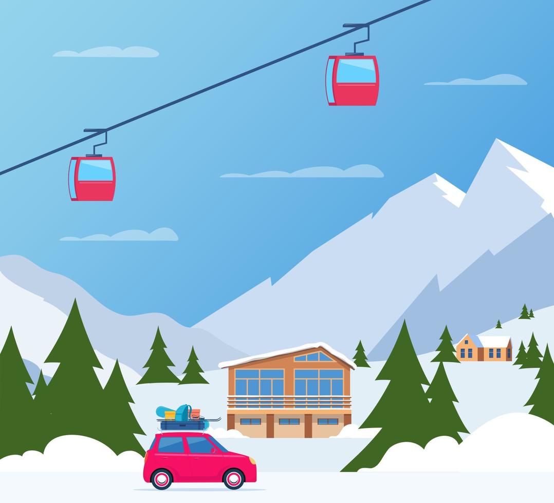 inverno sciare vacanza viaggio per montagne. carino piccolo auto con sciare e snowboard, zaino e valigia su il tetto. vettore illustrazione.