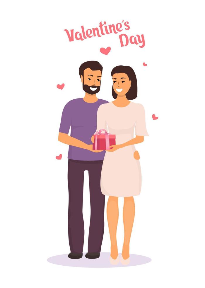 uomo dà donna un' regalo per San Valentino S giorno e abbracci suo. contento coppia nel amore su San Valentino S giorno. vettore illustrazione nel piatto stile.