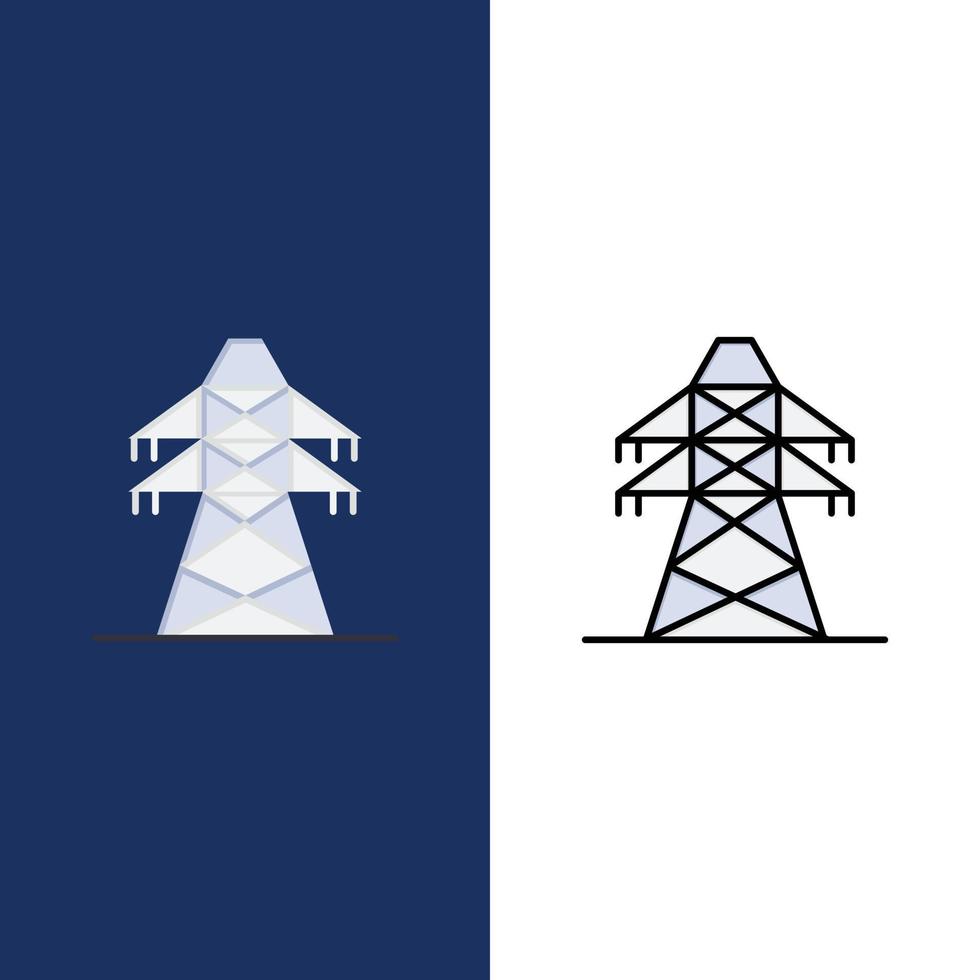 elettrico energia trasmissione trasmissione Torre icone piatto e linea pieno icona impostato vettore blu sfondo