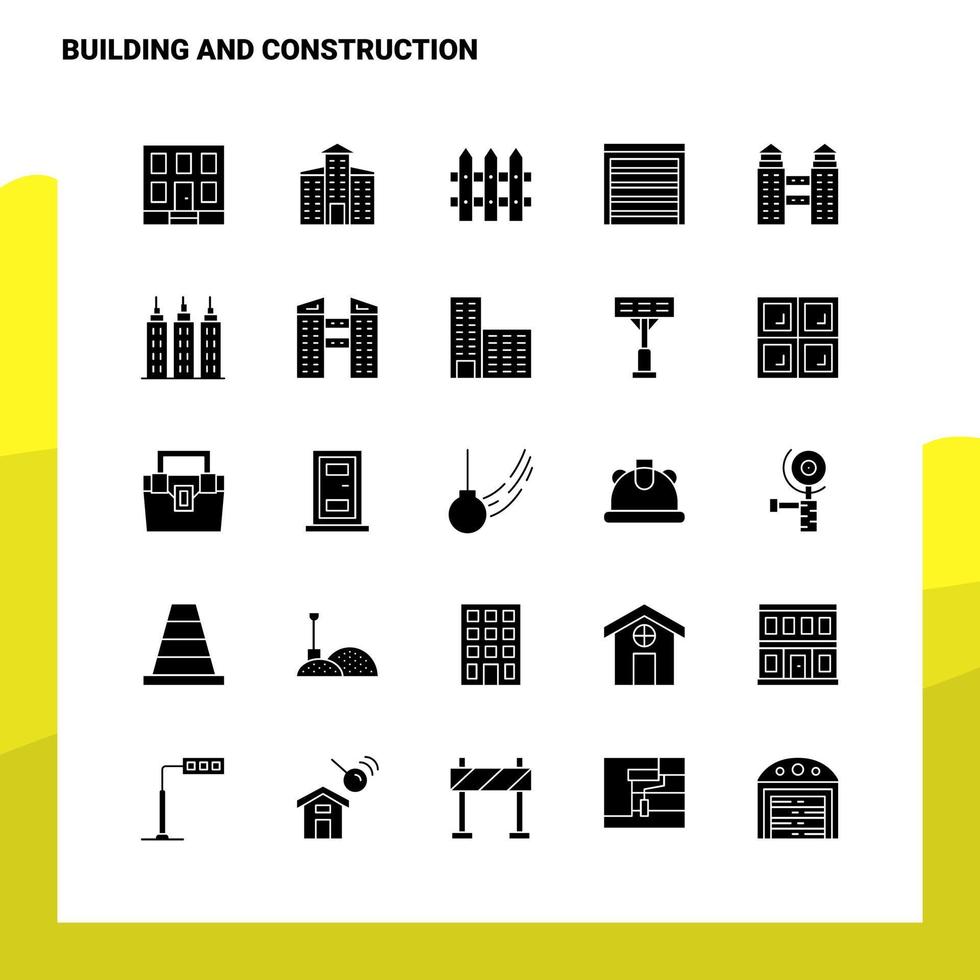 25 edificio e costruzione icona impostare. solido glifo icona vettore illustrazione modello per ragnatela e mobile. idee per attività commerciale azienda.
