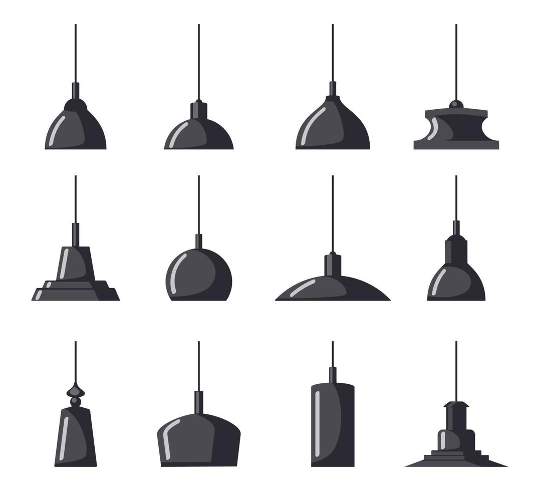 monocromatico sospeso lampade, impostare. lampadari, lampade, bulbi - elementi di moderno interno, bellissimo icona collezione. vettore illustrazione, isolato.