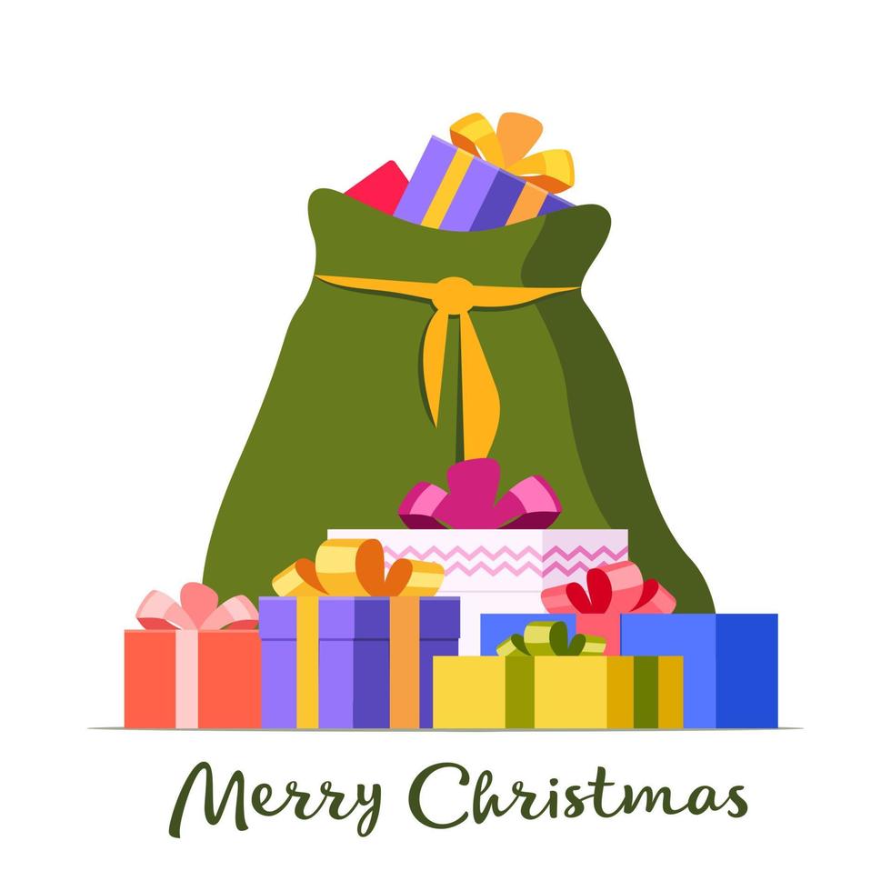 pieno verde Borsa di i regali a partire dal Santa Claus e iscrizione allegro Natale. Natale decorativo elemento per carta disegno, striscione. piatto vettore illustrazione.