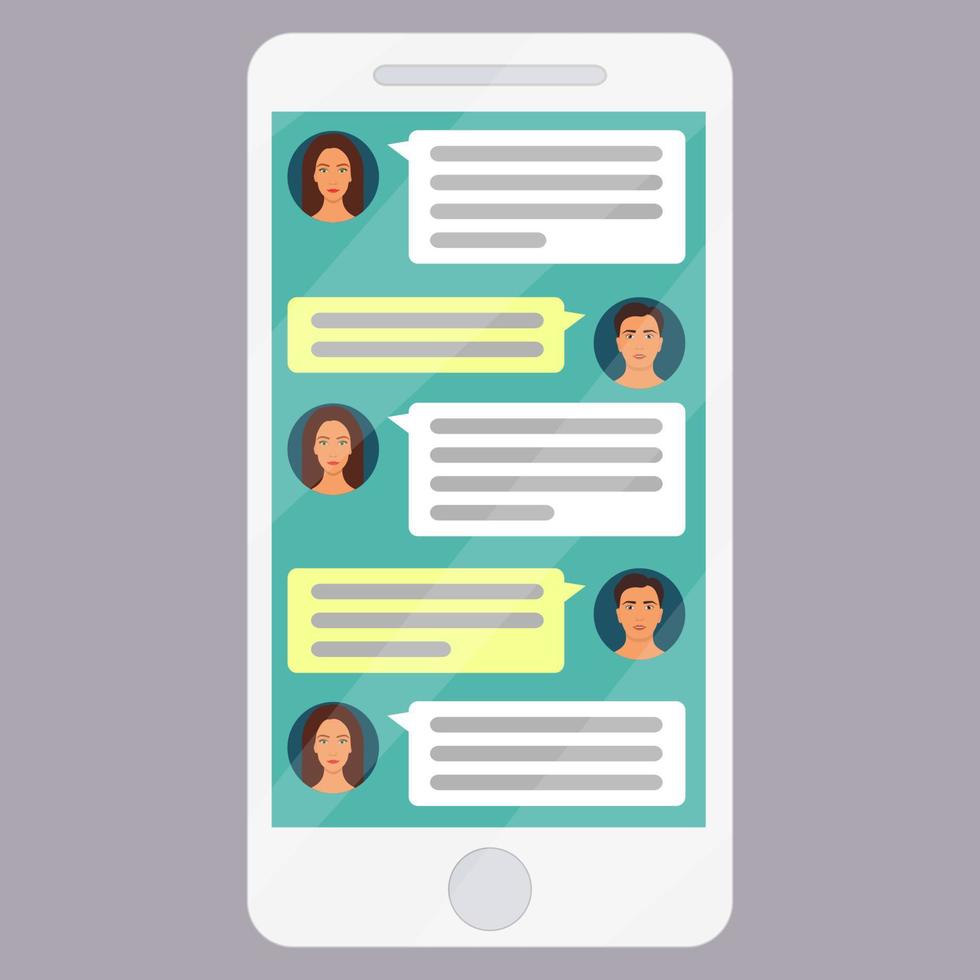 dialogo uomini e donne nel il messaggero su il smartphone schermo. moderno smartphone con messaggero App finestra. chat e messaggistica. vettore illustrazione.