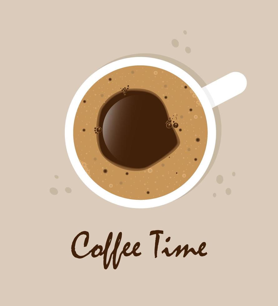 tazza di caffè, superiore Visualizza, e caffè tempo testo. vettore illustrazione.