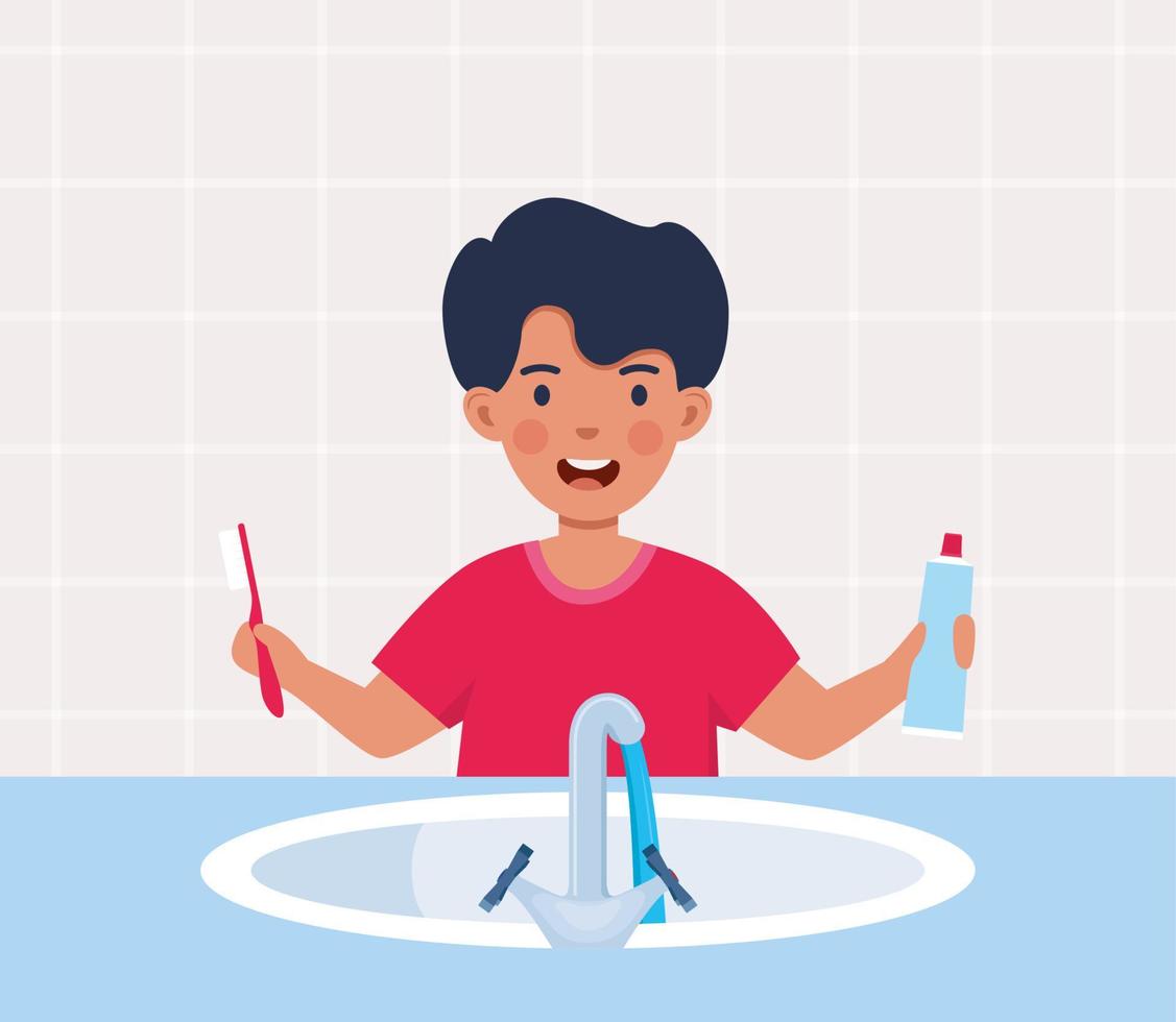 ragazzo ragazzo pulizia denti. personaggio cura per orale cavità sta con spazzolino e incolla nel davanti di lavello. igiene e Salute cura. vettore illustrazione.