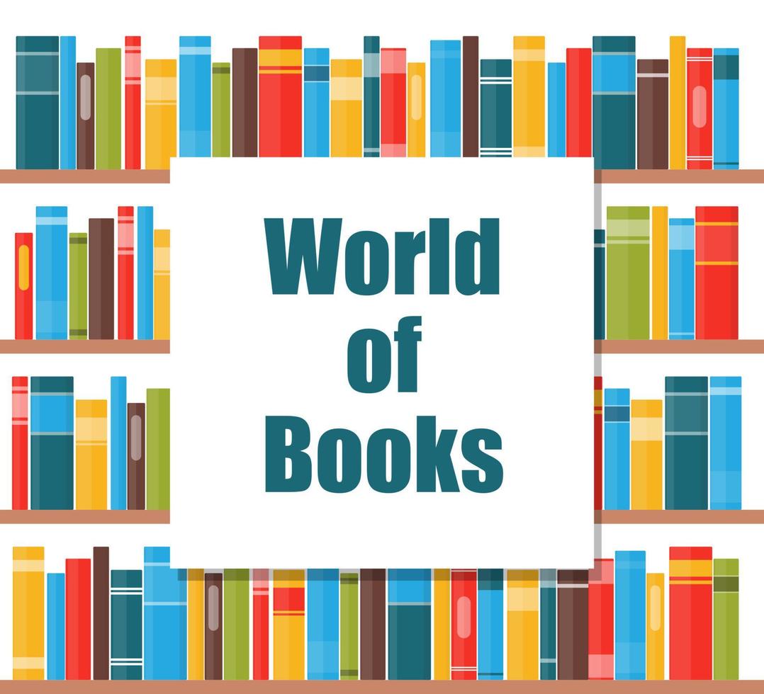 mondo di libri concetto. libro scaffali con multicolore libro spine. libri su un' ripiano. vettore illustrazione nel piatto stile.