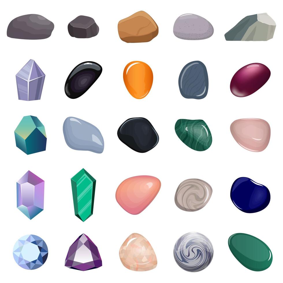 impostato di diverso pietre e cristalli. vario tipi di minerali, cristalli, gemme, diamanti, isolato. vettore illustrazione.