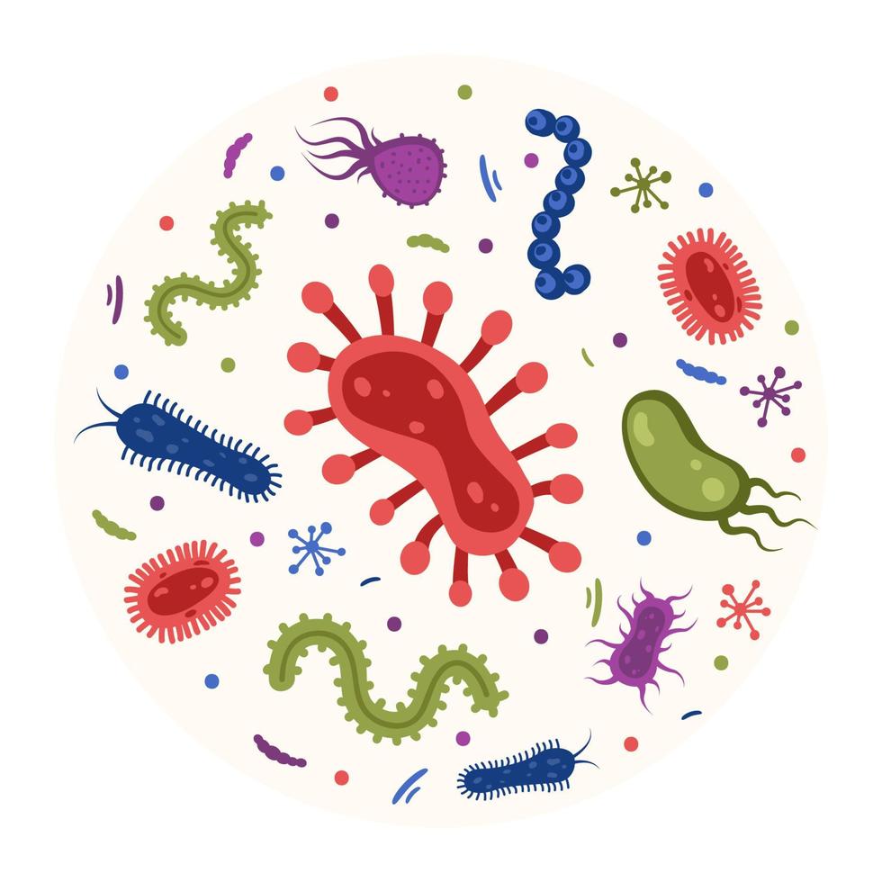 diverso batteri, patogenicità microrganismi nel un' cerchio. batteri e germi, microrganismi causa di malattie, batteri, batteri, virus, fungo, protozoi, probiotico. vettore illustrazione.