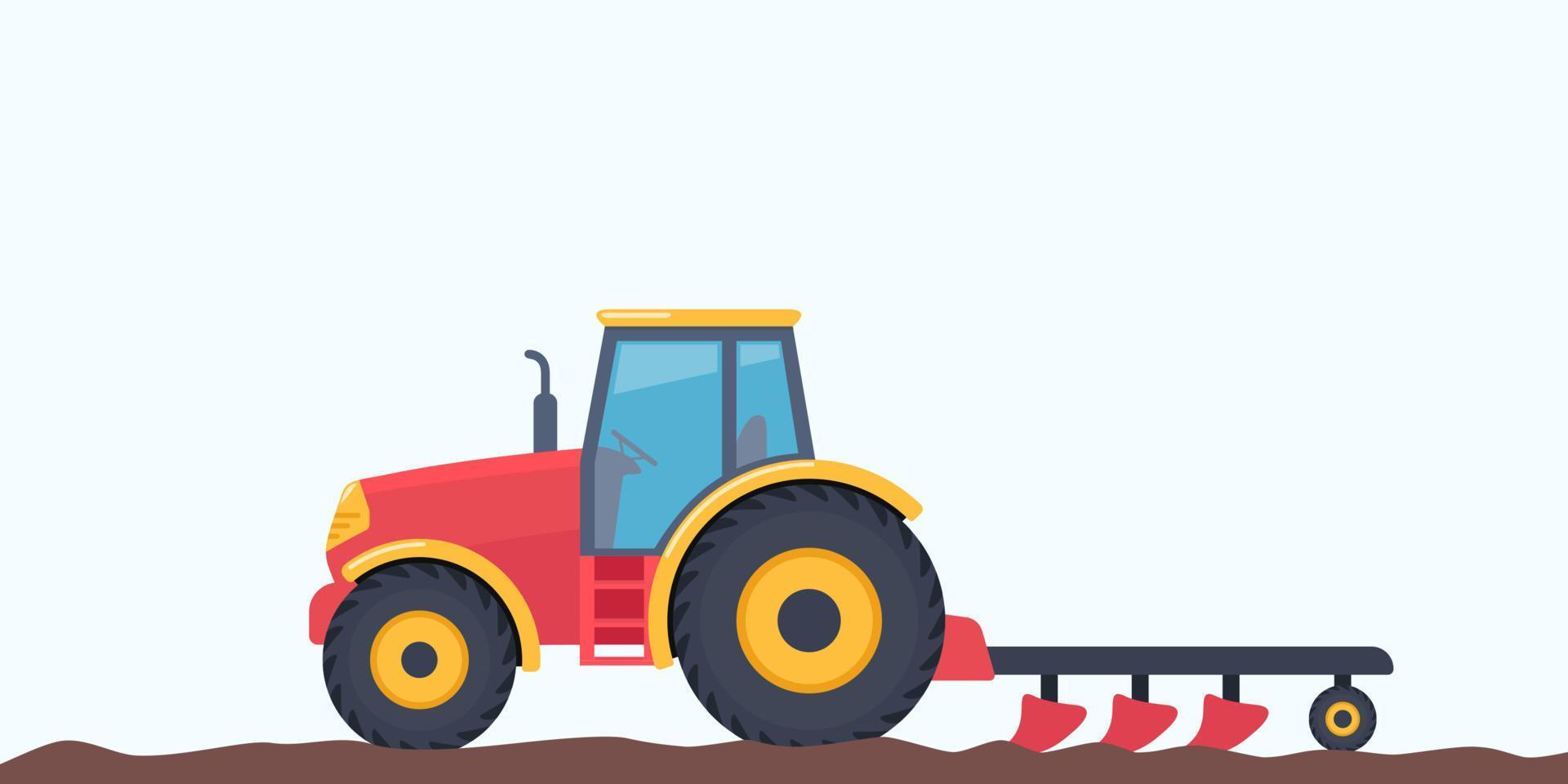 trattore aratura il campo. agricoltura concetto. azienda agricola macchina. lato Visualizza di moderno trattore con aratro. vettore illustrazione.